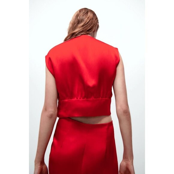 NWOT Zara red satin-effect linen blend plunge neckline sleeveless crop top, XS - Picture 5 of 13